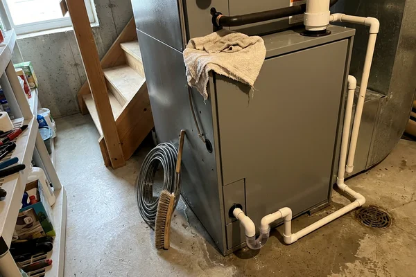 Clean evaporator coil after servicing with a tidy condensate drain line