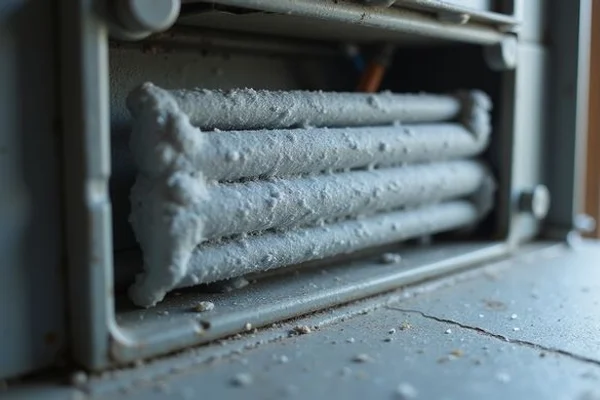 Frozen evaporator coil inside a residential air handler before thawing and refrigerant diagnosis