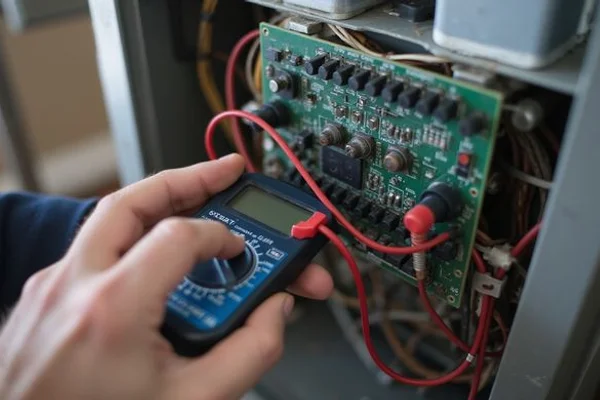 Furnace control board being tested with a multimeter during an emergency diagnostic visit
