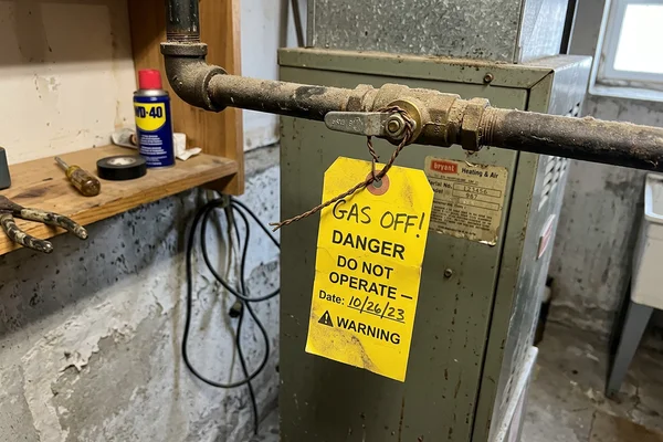 Utility warning tag wired to a residential furnace gas shut-off valve