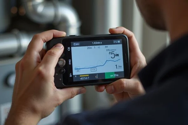 Combustion analyzer showing clean CO reading and efficiency value during an annual furnace tune-up