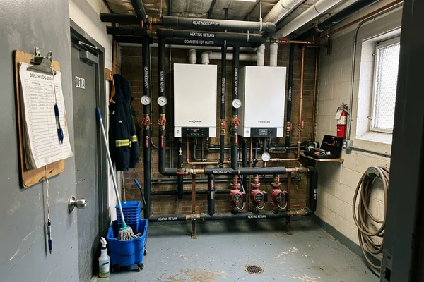 Commercial boiler room with cascade boilers and labelled piping