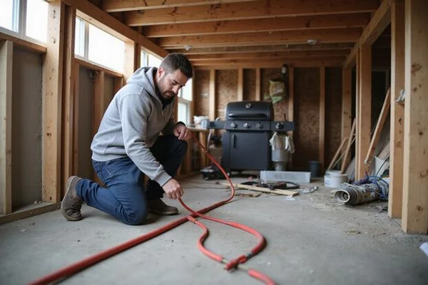 CSST flexible gas tubing routed through basement joists toward exterior BBQ connection