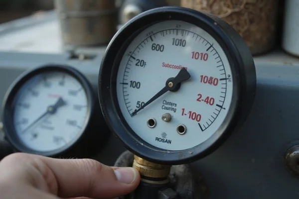 Digital refrigerant gauges showing subcooling and superheat readings during AC tune-up service