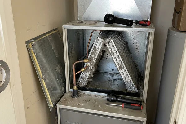 Clogged evaporator coil with heavy dust buildup before cleaning