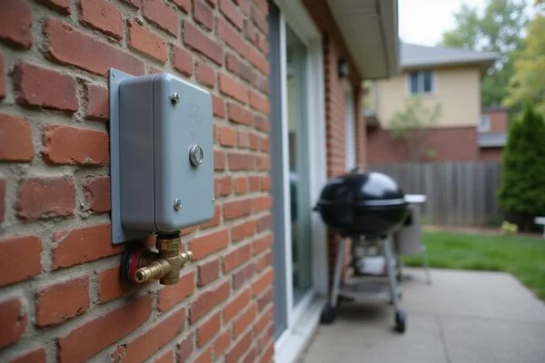 Exterior quick-disconnect gas valve box mounted on brick wall beside backyard patio