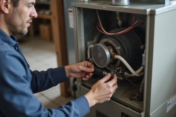 HVAC technician checking a blower motor capacitor on a residential furnace during a no-heat emergency