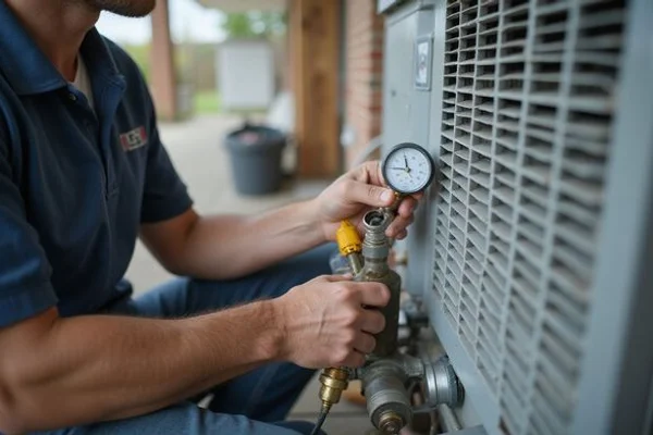 HVAC technician checking refrigerant gauges on a residential central air conditioner during a summer emergency