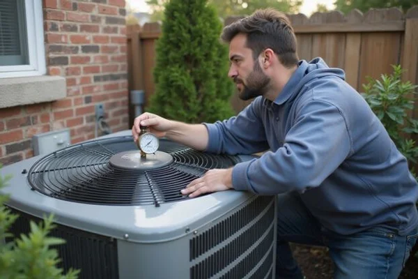 Technician checking refrigerant pressure on an outdoor AC condenser during annual maintenance