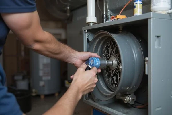 HVAC technician cleaning furnace blower motor and wheel during annual maintenance in Toronto