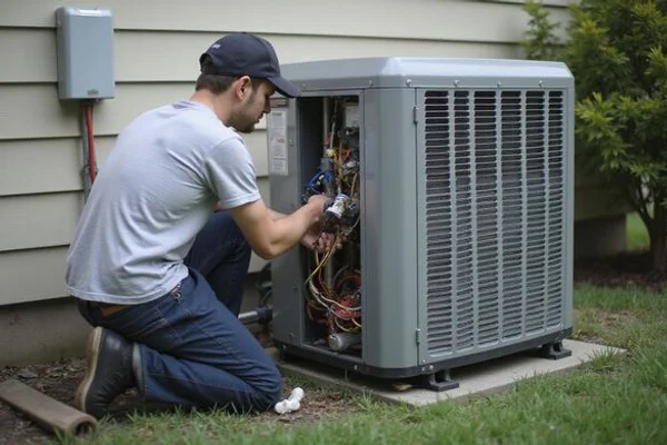 HVAC technician replacing a failed run capacitor on an outdoor condenser unit beside a Toronto home
