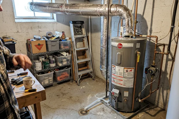 Hybrid heat pump water heater installed in an open basement
