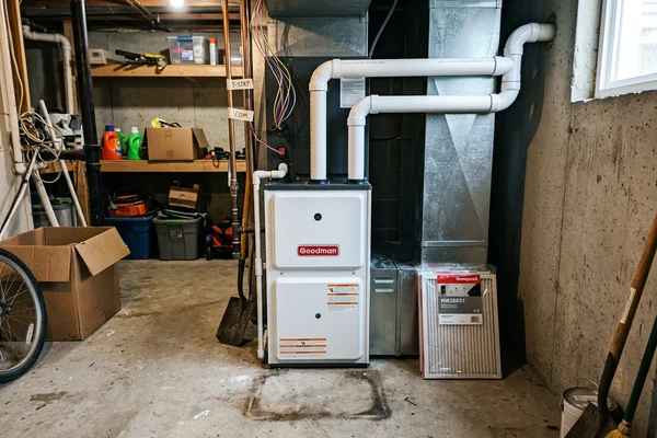 New high-efficiency condensing furnace with clean PVC venting after replacement