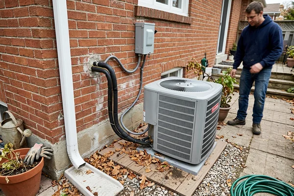 New outdoor condenser installed on a level pad with neat line set and disconnect box