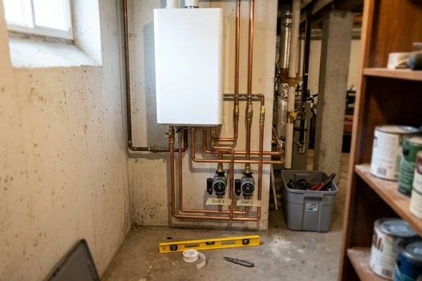 New wall-mounted condensing boiler with tidy copper manifold and zone pumps