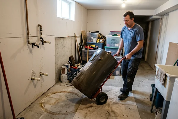 Old tank water heater being removed from a cramped basement corner