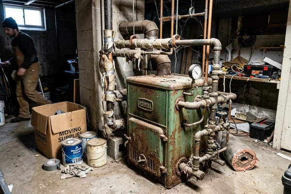 Old cast iron sectional boiler before replacement in an older Toronto home