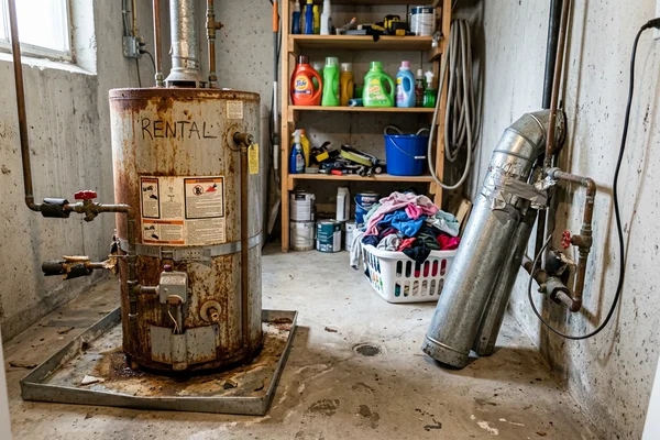 Old rusted rental water heater with corroded fittings before removal