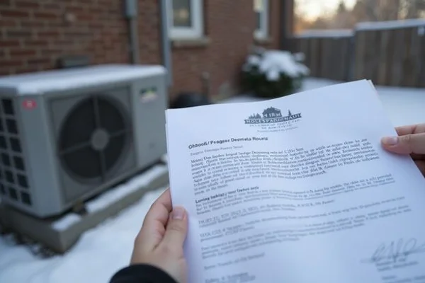 Ontario HRS program rebate approval letter beside a newly installed heat pump outdoor unit