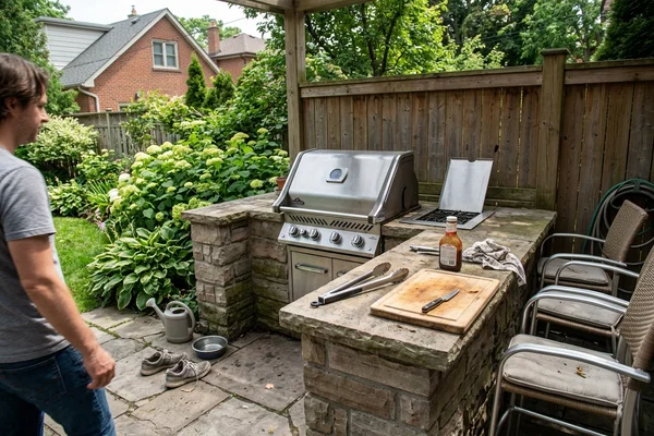 Outdoor kitchen with a built-in gas grill connected to a concealed gas line