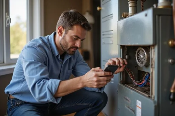 Technician cleaning the blower wheel during an annual furnace tune-up