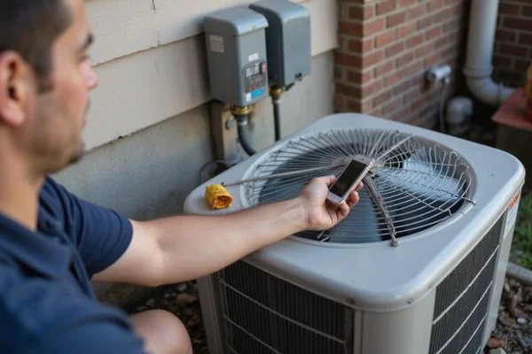 Technician cleaning condenser coil fins on an outdoor AC unit during annual spring maintenance