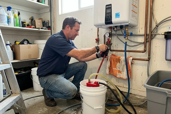 Technician connecting a descaling pump to a tankless water heater for annual flushing