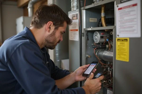 Technician diagnosing a no-heat emergency on a gas furnace in a Toronto basement mechanical room