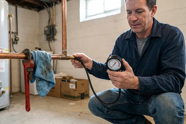 Technician performing a pressure test on a new gas line with a manometer