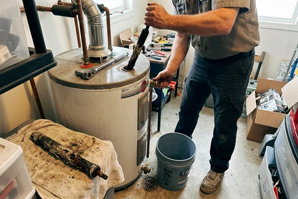 Technician removing a corroded sacrificial anode rod during maintenance