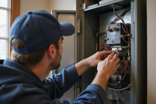 Technician replacing a failed hot surface igniter inside an open furnace cabinet