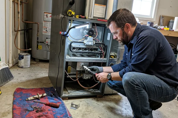 Technician replacing a hot surface igniter inside an open furnace cabinet