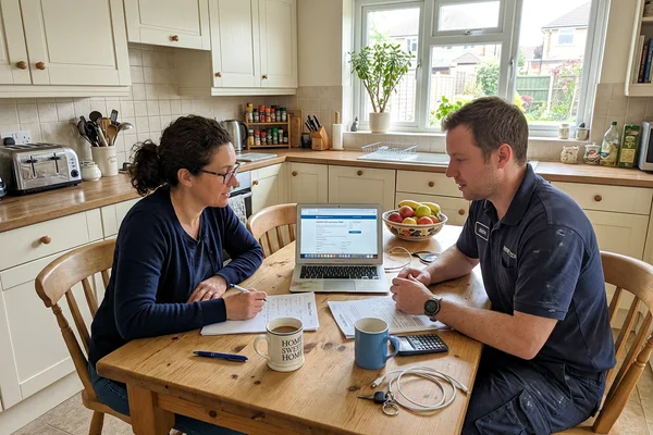 Technician reviewing heat pump rebate paperwork with a homeowner