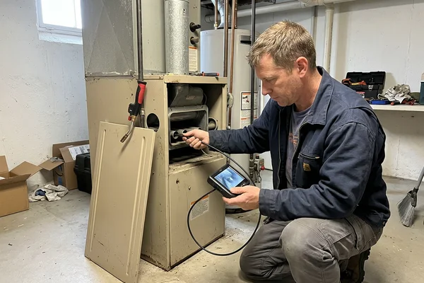 Technician scoping a furnace heat exchanger with a borescope camera