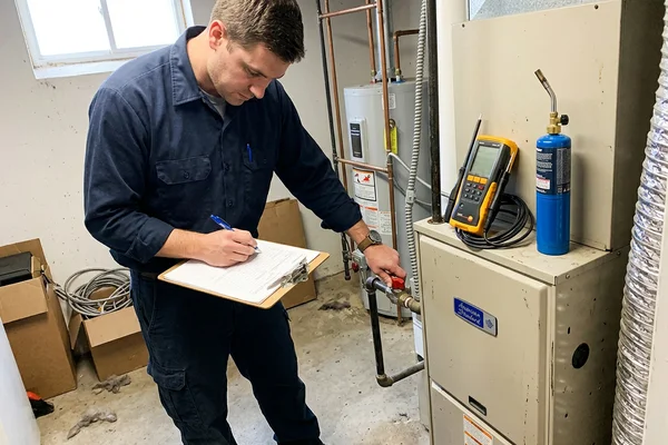 Technician completing gas clearance paperwork beside a repaired furnace