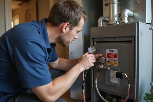 TSSA-certified technician checking gas pressure with a manometer on a residential furnace during annual tune-up