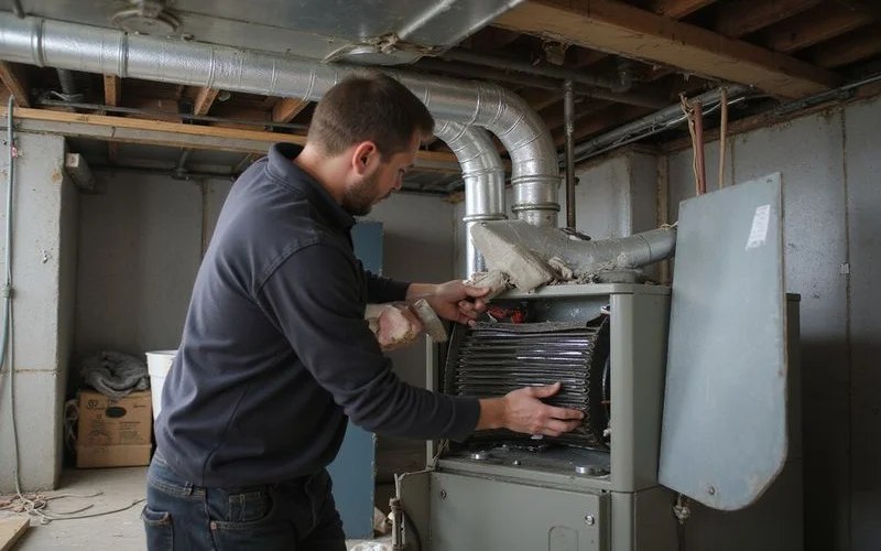 HVAC technician cleaning evaporator coil fins inside an air handler unit during a spring AC maintenance visit in a Toronto home basement