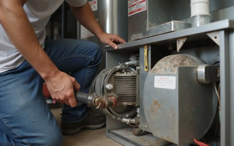 HVAC technician removing a furnace blower assembly for deep cleaning and inspection during an annual tune-up maintenance visit in a Toronto home