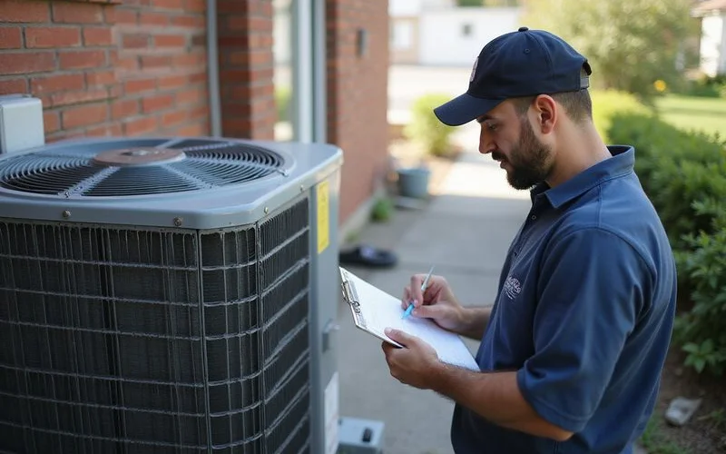 HVAC technician reviewing a completed maintenance checklist on a clipboard beside a clean residential air conditioner condenser unit after a seasonal tune-up in a Toronto backyard