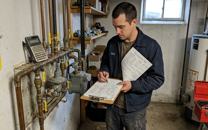 Technician calculating total BTU load and pipe sizing on a job sheet beside an exposed gas manifold in a basement
