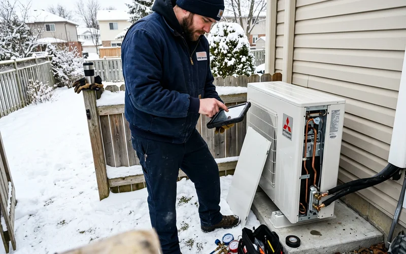 Technician checking cold-climate heat pump performance data on a tablet beside an outdoor unit during a winter commissioning visit