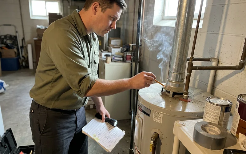 Technician checking the draft on a gas water heater flue with a smoke pencil during a safety inspection
