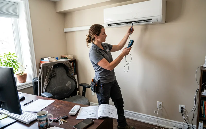 Technician commissioning a ductless mini-split indoor head with a service tablet and checking supply air temperature in a Toronto home office