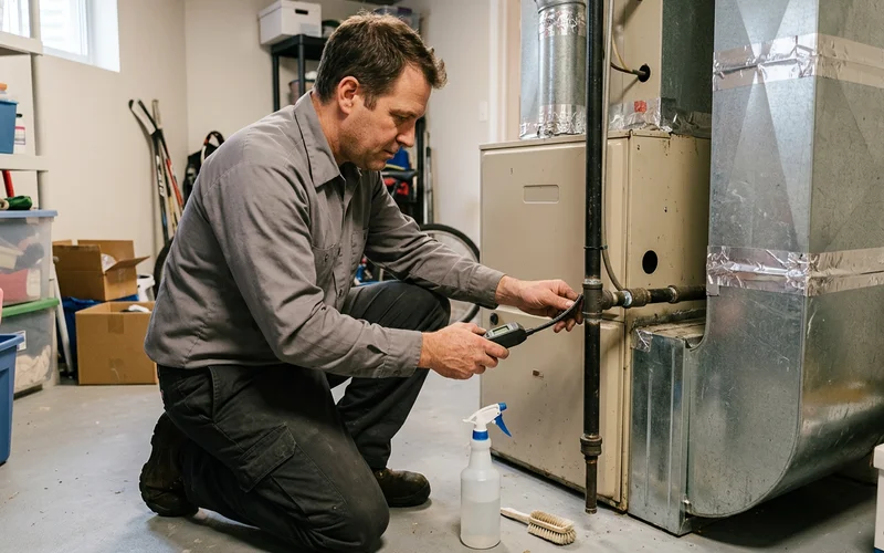 TSSA-certified technician performing electronic gas leak detection on a residential furnace connection in a Toronto basement