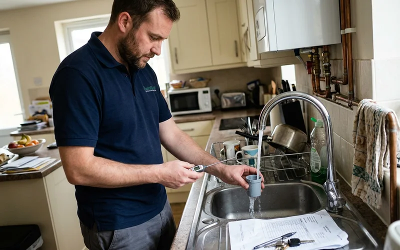 Technician measuring hot water flow rate and temperature at a kitchen tap after commissioning a tankless water heater