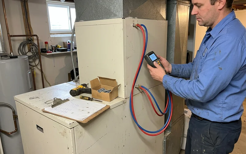 Technician measuring static pressure across a furnace air handler with a digital manometer before recommending a filtration upgrade