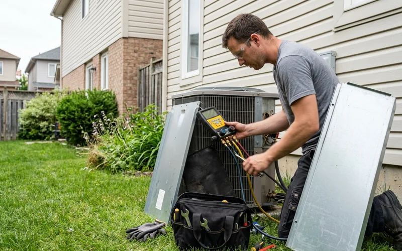 Technician measuring superheat and subcooling with digital refrigerant gauges at an outdoor condensing unit beside a Toronto home