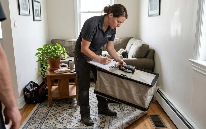 Technician measuring supply register airflow with a capture hood while balancing a residential duct system