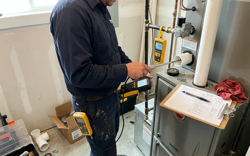 Technician performing a combustion analysis on a newly installed high-efficiency furnace, reading gas pressure with a manometer