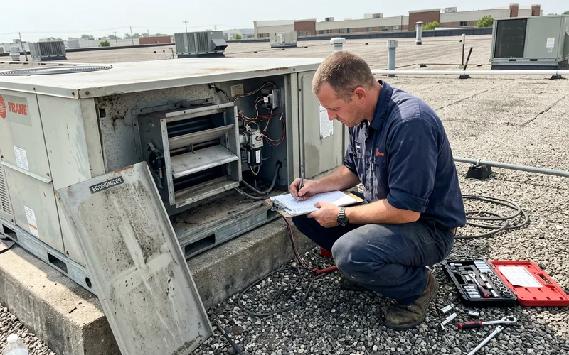 Technician recording economizer damper and enthalpy sensor readings during a scheduled rooftop unit maintenance visit